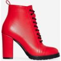 Kennedy Lace Up Platform Biker Boot In Red Faux Leather, Red