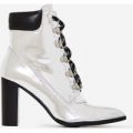 Kenny Lace Up Ankle Boot In Metallic Silver Faux Leather, Silver