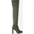 Selyse Slim Heel Over The Knee Boots In Khaki Faux Suede, Green