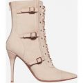 Kia Lace Up Buckle Detail Ankle Boot In Nude Faux Suede, Nude