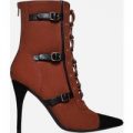 Kia Lace Up Buckle Detail Ankle Boot In Tan Faux Suede, Brown