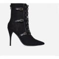 Kia Lace Up Buckle Detail Ankle Boot In Black Faux Suede, Black