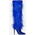 Kobe Feather Detail Long Boot In Blue Satin, Blue
