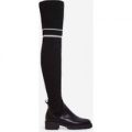 Koby Knitted Over The Knee Long Boot In Black Faux Leather, Black