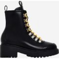Kris Chunky Sole Lace Up Ankle Biker Boot In Black Faux Leather, Black