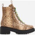 Kris Chunky Sole Lace Up Ankle Biker Boot In Nude Snake Print Faux Leather, Nude