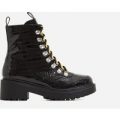 Kris Chunky Sole Lace Up Ankle Biker Boot In Black Croc Print Patent, Black