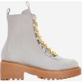 Kris Chunky Sole Lace Up Ankle Biker Boot In Grey Faux Suede, Grey