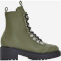 Kris Chunky Sole Lace Up Ankle Biker Boot In Khaki Faux Suede, Green