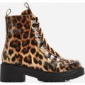 Kris Chunky Sole Lace Up Ankle Biker Boot In Tan Leopard Print Patent, Brown