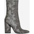 Krush Block Heel Ankle Boot In Grey Snake Faux Leather, Grey
