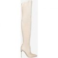 Krystal Pearl Detail Thigh High Long Boot In Nude Faux Suede, Nude