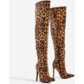 Lara Thigh High Long Boots In Tan Leopard Print Patent, Brown