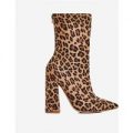 Larsa Block Heel Ankle Boot In Tan Leopard Print Faux Suede, Brown