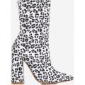 Larsa Block Heel Ankle Boot In White Leopard Print Faux Suede, White