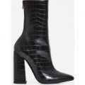 Laura Block Heel Ankle Boot In Black Croc Faux Leather, Black