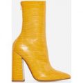 Laura Block Heel Ankle Boot In Yellow Croc Faux Leather, Yellow