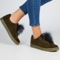 Nieve Pom Pom Lace Up Trainers in Khaki Faux Suede, Green