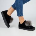 Nieve Pom Pom Lace Up Trainers in Black Faux Suede, Black