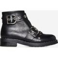 Wilson Buckle Detail Biker Boot In Black Faux Leather, Black