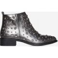 Svetlana Studded Detail Biker Boot In Grey Faux Leather, Grey