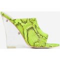 Candy Perspex Wedge Peep Toe Mule In Lime Green Snake Print Faux Leather, Green