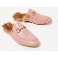 Leona Faux Fur Lined Flat Mule In Pink Faux Leather, Pink