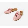 Leona Snake Embroidered Faux Fur Lined Mule In Pink Faux Leather, Pink