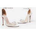 Leonie Gem Embellished Perspex Heel In White Faux Leather, White