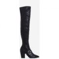 Lily Buckle Detail Over The Knee Long Boot In Black Faux Leather, Black