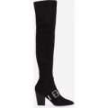 Lily Buckle Detail Over The Knee Long Boot In Black Faux Suede, Black
