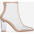 Lissy Perspex Block Heel Ankle Boot In Nude Faux Leather, Nude