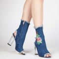 Loretta Peep Toe Floral Print Ankle Boot in Mid Blue Denim, Blue