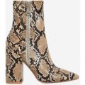 Lucian Block Heel Ankle Boot In Nude Snake Print Faux Leather, Nude