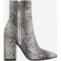Lucian Block Heel Ankle Boot In Grey Snake Print Faux Leather, Grey