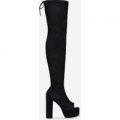 Adley Platform Peep Toe Thigh High Long Boot In Black Faux Suede, Black