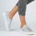 Felice Croc Print Lace Up Trainer in Silver Faux Leather, Silver