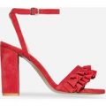 Macey Frill Detail Block Heel In Coral Faux Suede, Red