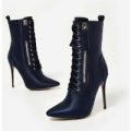 Maggie Zip Detail Lace Up Ankle Boot In Navy Satin, Blue