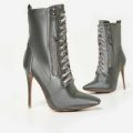 Maggie Zip Detail Lace Up Ankle Boot In Silver Green Satin, Green