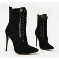 Maggie Zip Detail Lace Up Ankle Boot In Black Faux Suede, Black