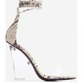 Magnetic Lace Up Perspex Wedge Heel In Nude Snake Print Faux Leather, Nude