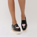 Mania Heart Stacked Flatform Shoes Patent, Black