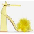 Marley Fluffy Flared Block Heel In Lemon Yellow Faux Suede, Yellow