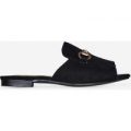 Martha Peep Toe Flat Mule In Black Faux Suede, Black