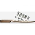 Ice Diamante Studded Slider In White Faux Leather, White