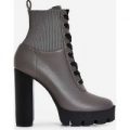 Matt Platform Lace Up Ankle Boot In Grey Faux Leather, Grey