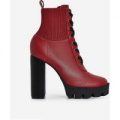 Matt Platform Lace Up Ankle Boot In Maroon Faux Leather, Red
