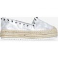 Franca Studded Detail Flatform Espadrille In Silver Faux Leather, Silver