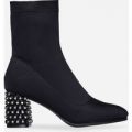 Meena Jewel Embellished Block Heel Ankle Boot In Black Lycra, Black